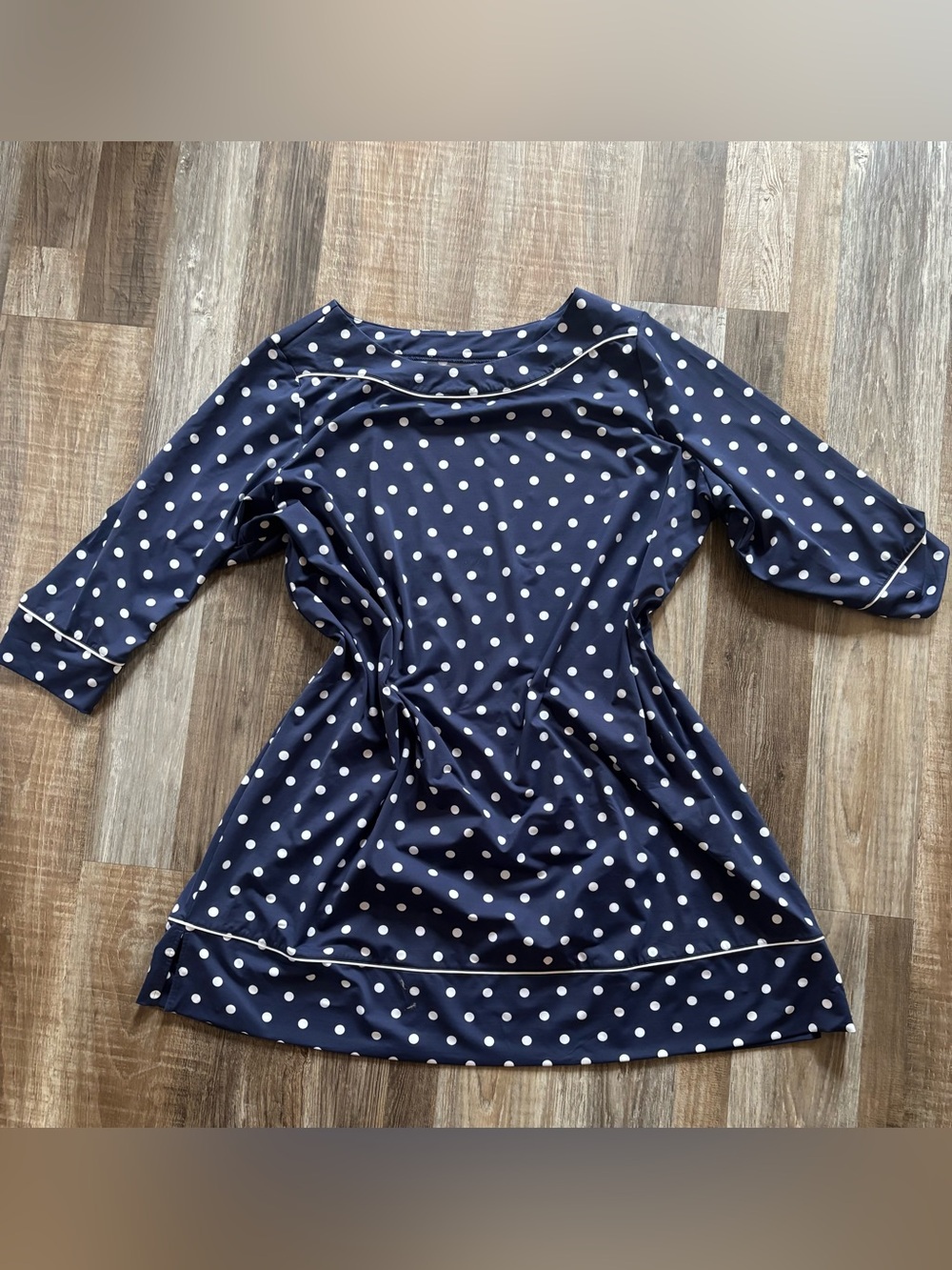 Land’s End Nave Navy Polka Dot Dress with White Piping